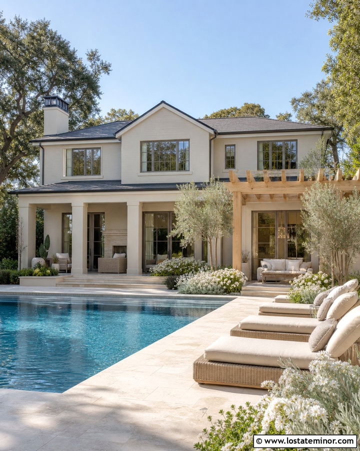Light Greige House With Blue Pool - 30 Greige House Design With Swimming Pool Ideas