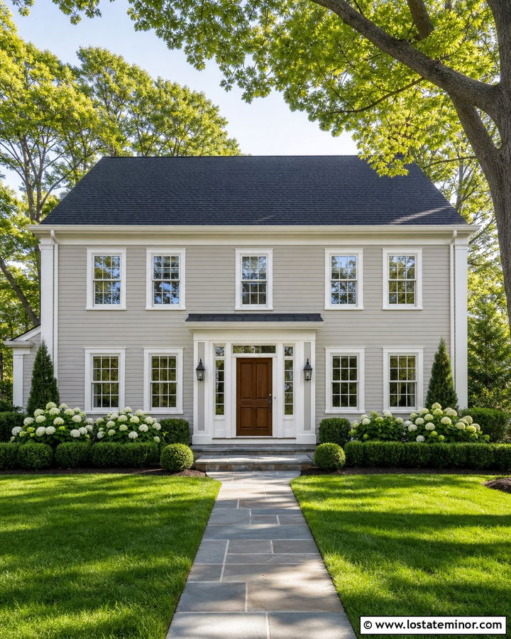 Light Greige House With Boxwood Front Yard - 30 Greige House Design With Front Yard Ideas
