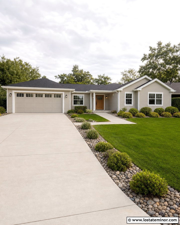 Light Greige House With Concrete Driveway - 30 Greige House Design With Driveway Ideas