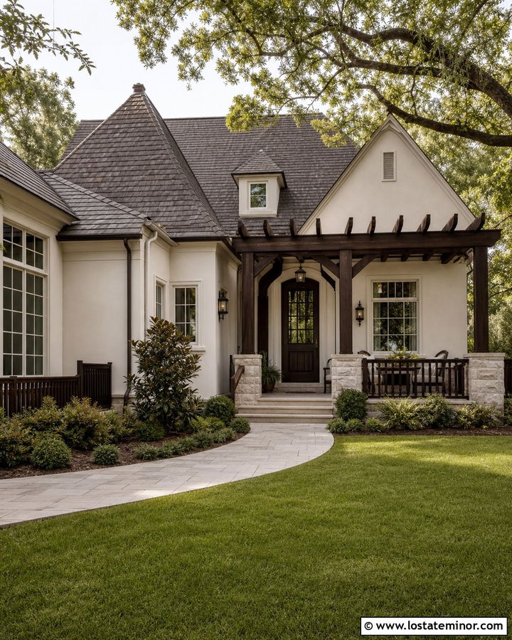 Light Greige House With Dark Wood Pergola - 30 Greige House Design With Pergola Ideas
