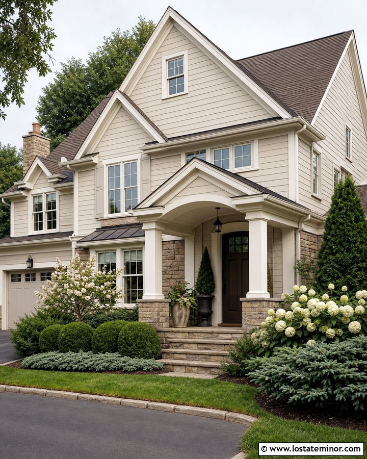 Light Greige House With Layered Evergreens - 30 Greige House Design With Landscaping Ideas