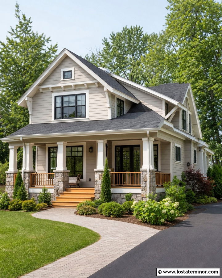 Light Greige House With Natural Cedar Deck - 30 Greige House Design With Deck Ideas