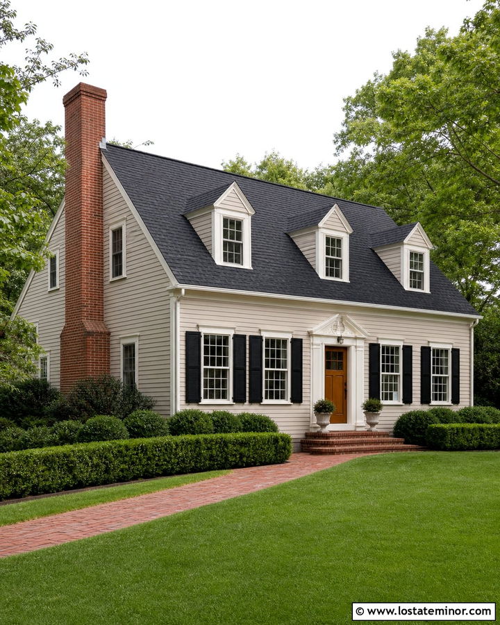 Light Greige House With Red Brick Chimney - 30 Greige House Design With Chimney Ideas