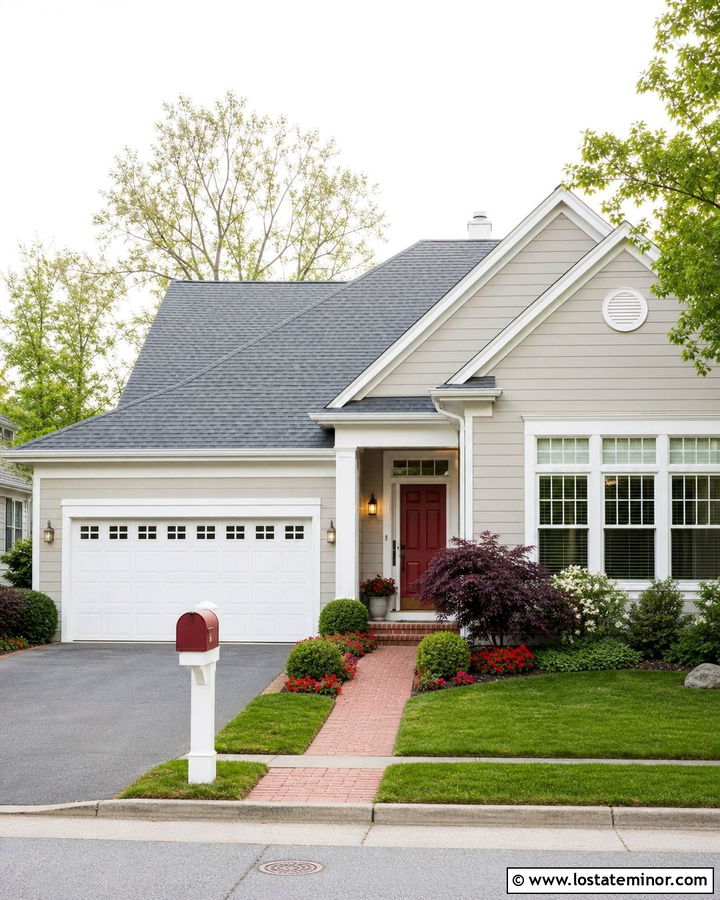 Light Greige House With Red Mailbox - 30 Greige House Design With Mailbox Ideas