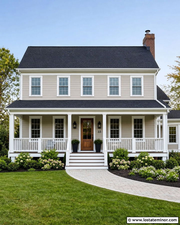 Light Greige House With White Front Porch - 30 Greige House Design With Front Porch Ideas