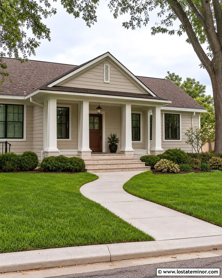 Light Greige House With White Square Columns - 30 Greige House Design With Porch Columns Ideas