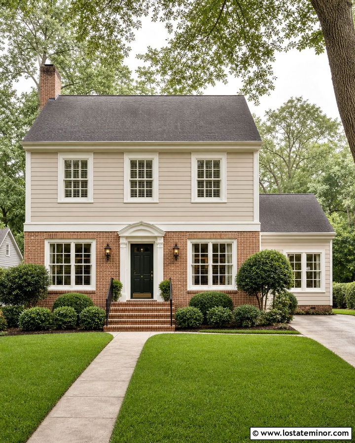 Light Greige House With White Trim And Orange Brick - 30 Greige House Design With Brick Accents Ideas