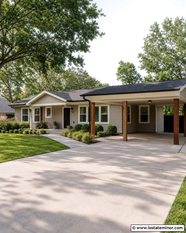 Light Greige Ranch House With Attached Carport - 30 Greige House Design With Carport Ideas