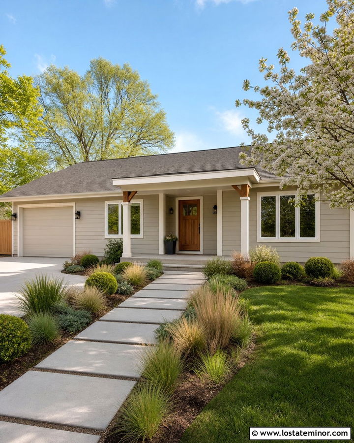 Light Greige Ranch House With Shed Portico - 30 Greige House Design With Portico Ideas