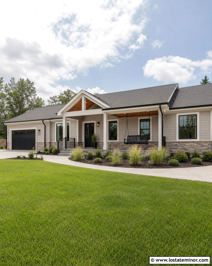 Light Greige Ranch With Black Swing - 30 Greige House Design With Swing Ideas