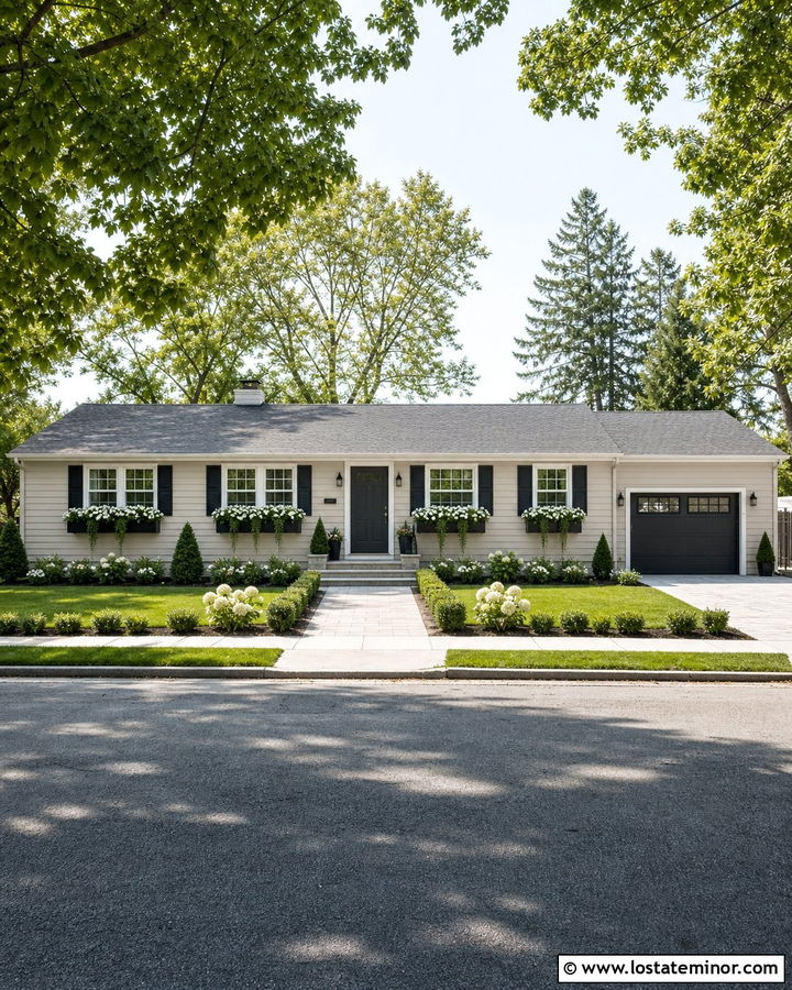 Light Greige Ranch With Black Window Boxes - 30 Greige House Design With Window Boxes Ideas