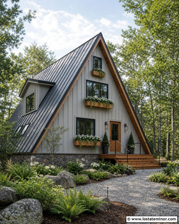 Light Grey A Frame House With Cedar Window Boxes - 30 Light Grey House Design With Window Boxes Ideas