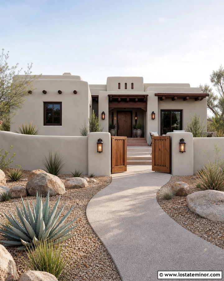 Light Grey Adobe House With Wood And Stucco Fence - 30 Light Grey House Design With Fence Ideas