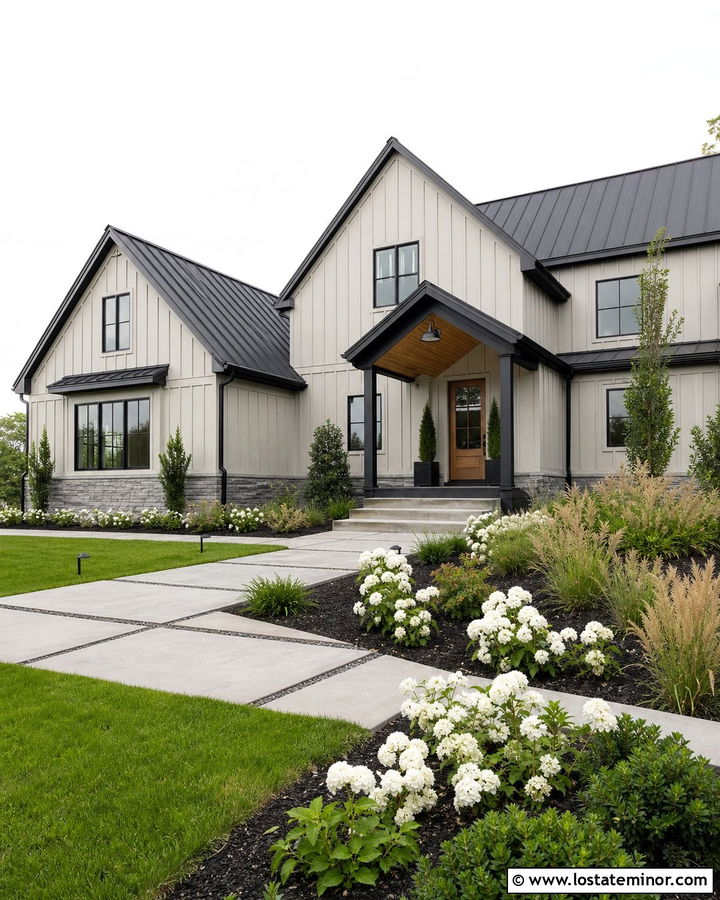 Light Grey Board And Batten House With Black Portico - 30 Light Grey House Design With Portico Ideas