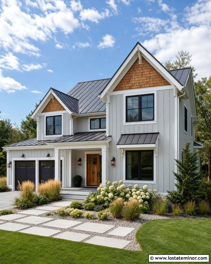 Light Grey Board And Batten House With Cedar Shake - 30 Light Grey House Design With Cedar Shake Ideas