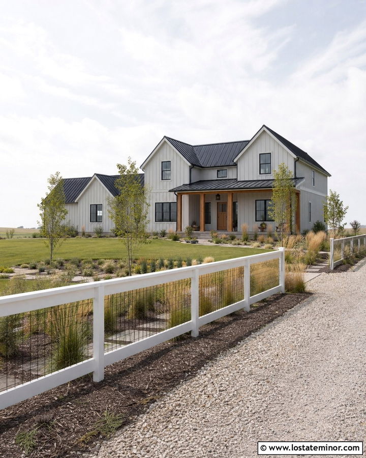 Light Grey Board And Batten House With White Farm Fence - 30 Light Grey House Design With Fence Ideas