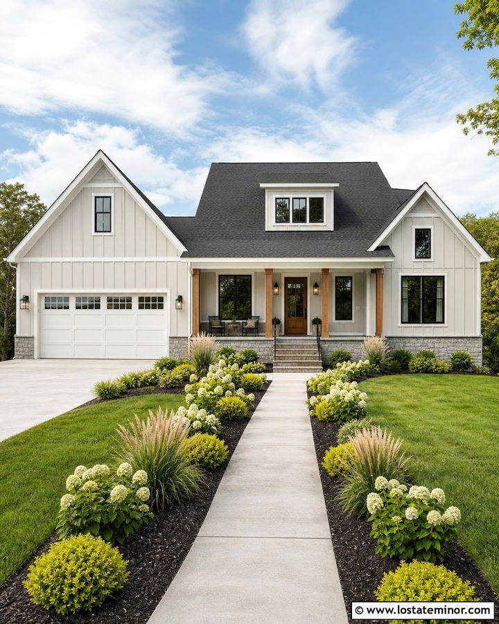 Light Grey Board And Batten House With White Garage Door - 30 Light Grey House Design With Garage Door Ideas