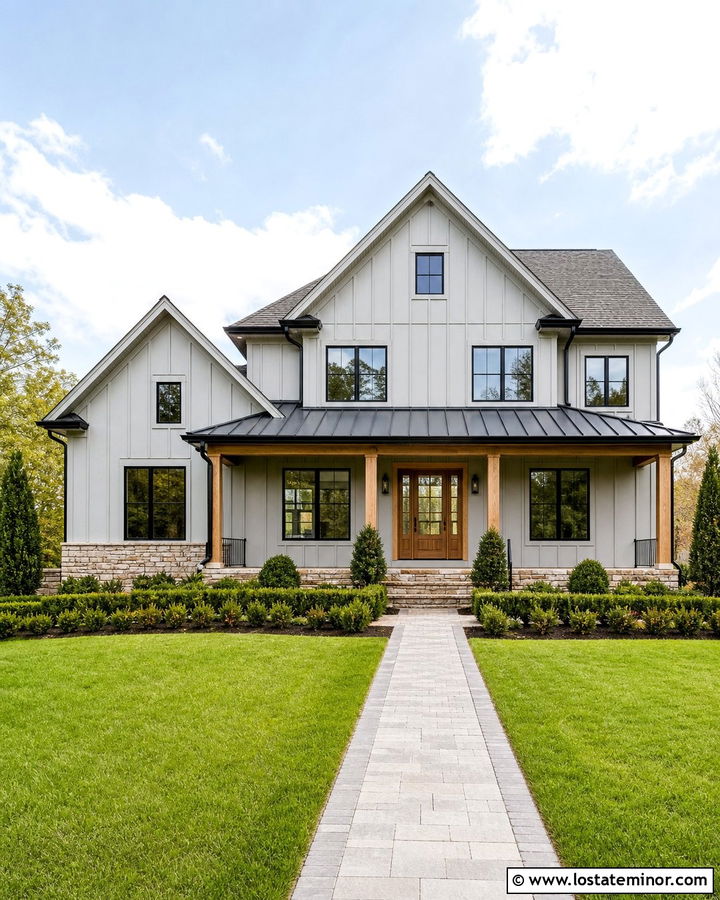 Light Grey Board And Batten With Black Windows - 30 Light Grey House Design With Window Frames Ideas