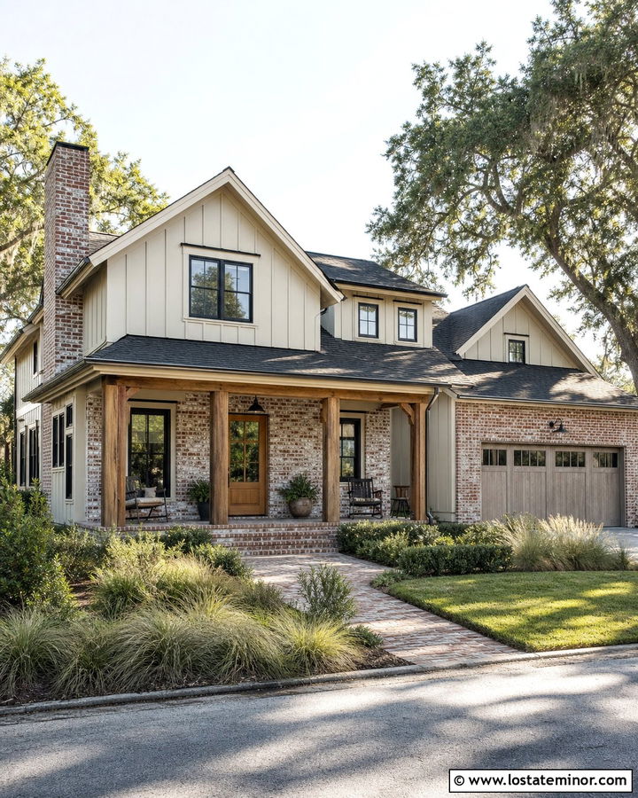 Light Grey Board And Batten With Reclaimed Brick - 30 Light Grey House Design With Brick Accents Ideas