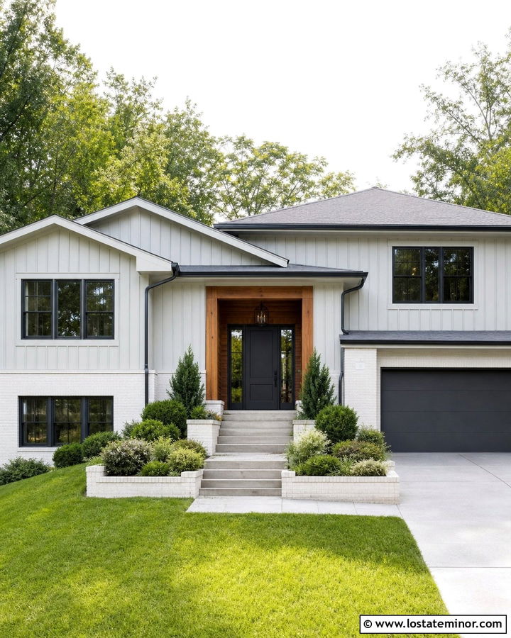 Light Grey Board and Batten Split Level House - 30 Light Grey House Design With Board and Batten Ideas