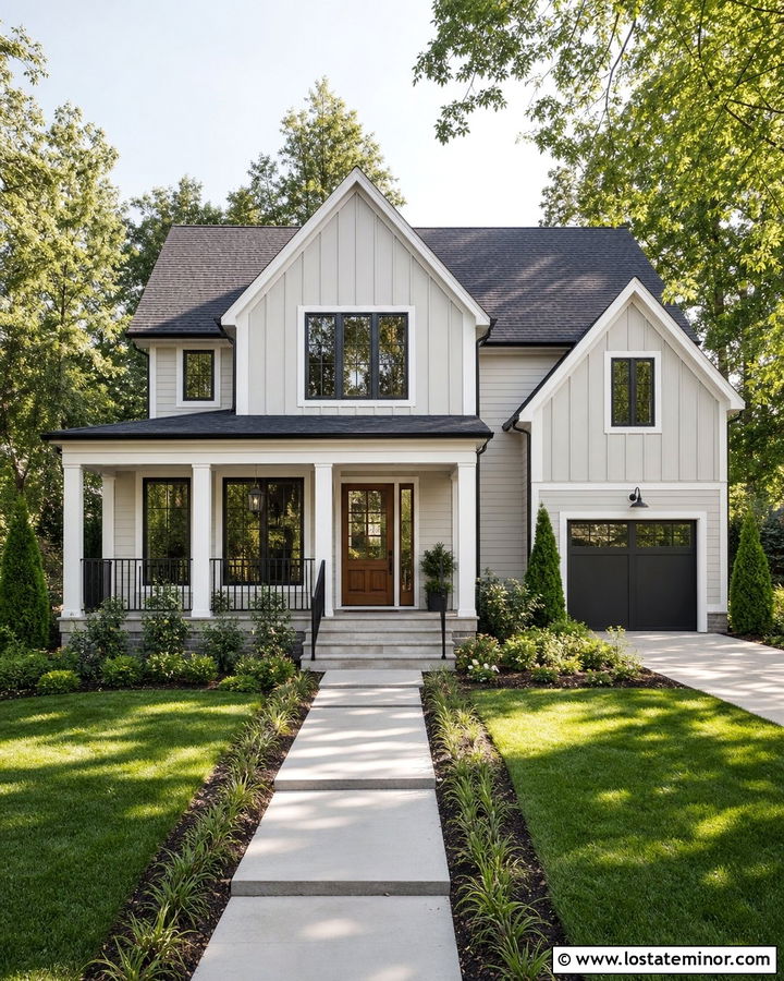 Light Grey Board and Batten With A Charcoal Roof - 30 Light Grey House Design With Board and Batten Ideas