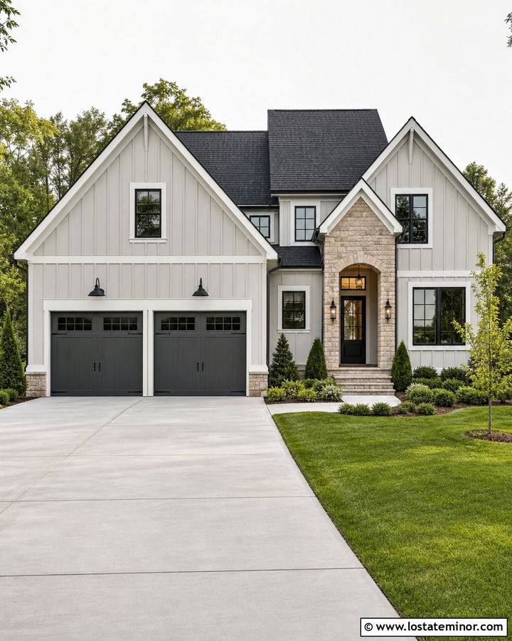 Light Grey Board and Batten With A Dark Grey Garage - 30 Light Grey House Design With Board and Batten Ideas