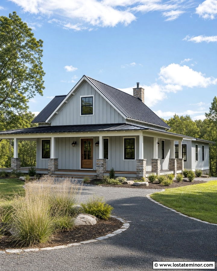 Light Grey Board and Batten With A Metal Roof - 30 Light Grey House Design With Board and Batten Ideas