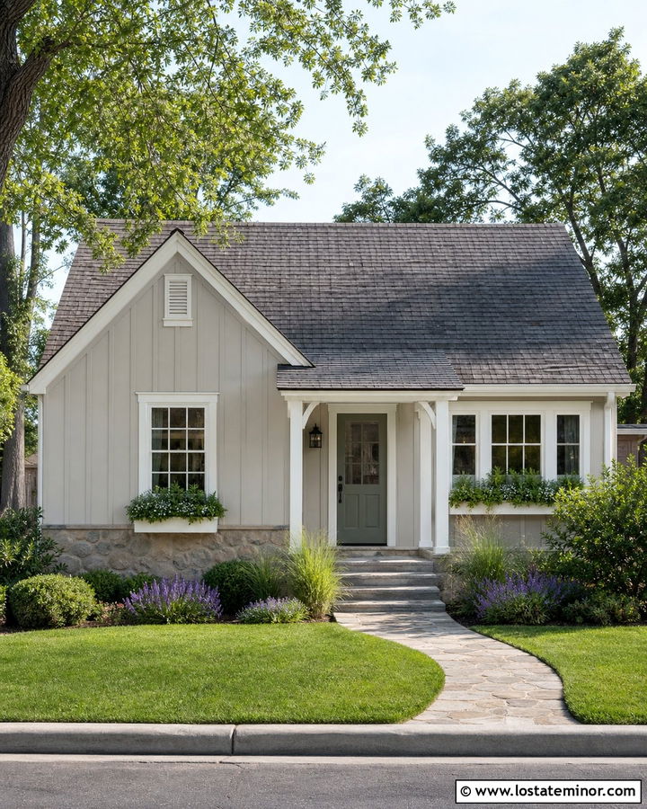 Light Grey Board and Batten With A Sage Green Door - 30 Light Grey House Design With Board and Batten Ideas