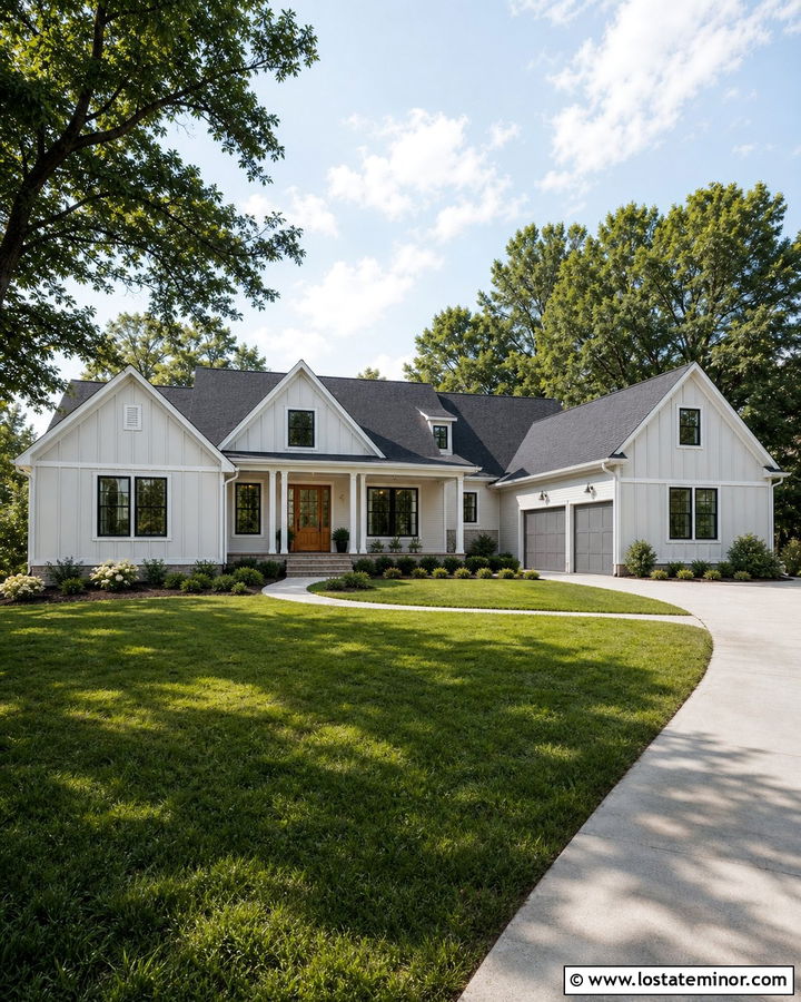 Light Grey Board and Batten With A Side Garage - 30 Light Grey House Design With Board and Batten Ideas