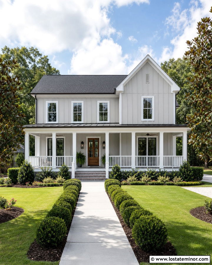 Light Grey Board and Batten With A White Porch - 30 Light Grey House Design With Board and Batten Ideas
