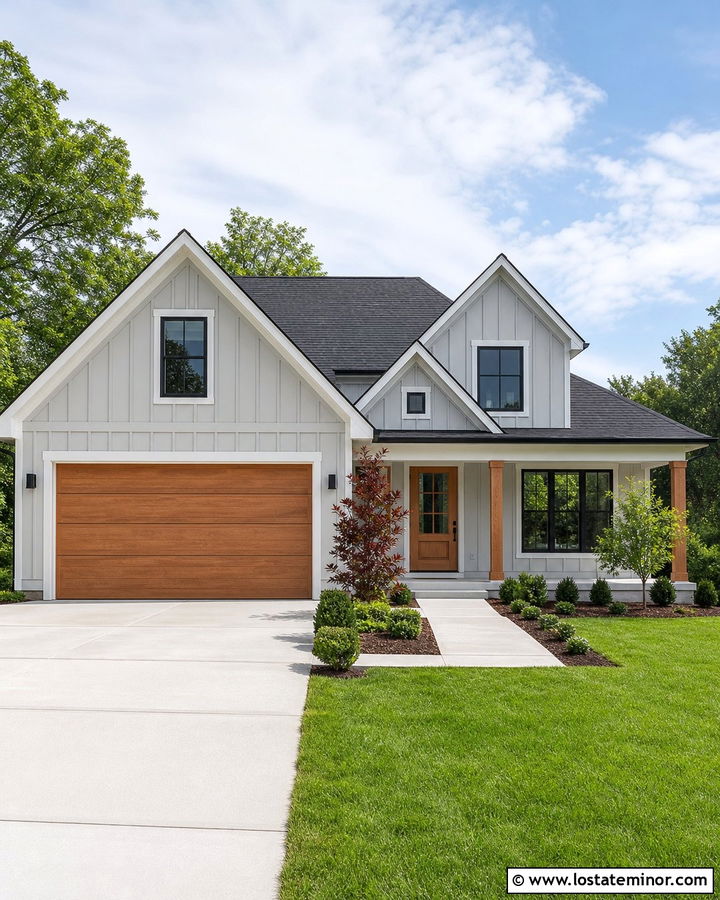 Light Grey Board and Batten With A Wood Garage Door - 30 Light Grey House Design With Board and Batten Ideas