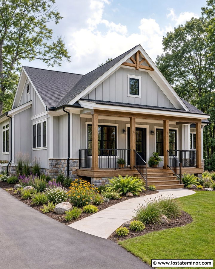 Light Grey Board and Batten With A Wood Porch - 30 Light Grey House Design With Board and Batten Ideas