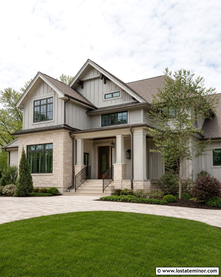 Light Grey Board and Batten With Bronze Windows - 30 Light Grey House Design With Board and Batten Ideas