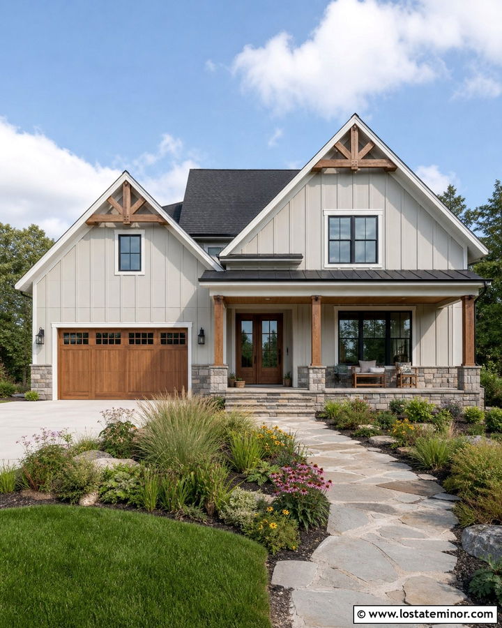 Light Grey Board and Batten With Cedar Accents - 30 Light Grey House Design With Board and Batten Ideas