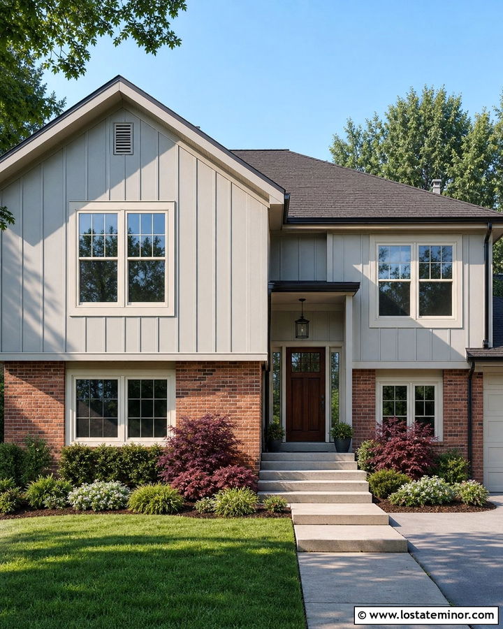 Light Grey Board and Batten With Red Brick - 30 Light Grey House Design With Board and Batten Ideas
