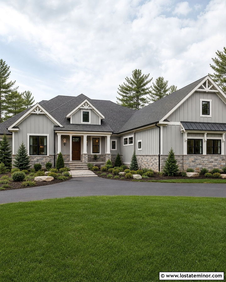 Light Grey Board and Batten With Stone Skirting - 30 Light Grey House Design With Board and Batten Ideas