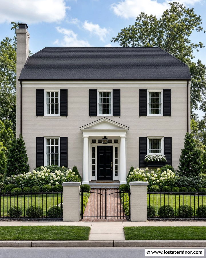 Light Grey Brick House With Black Aluminum Fence - 30 Light Grey House Design With Fence Ideas