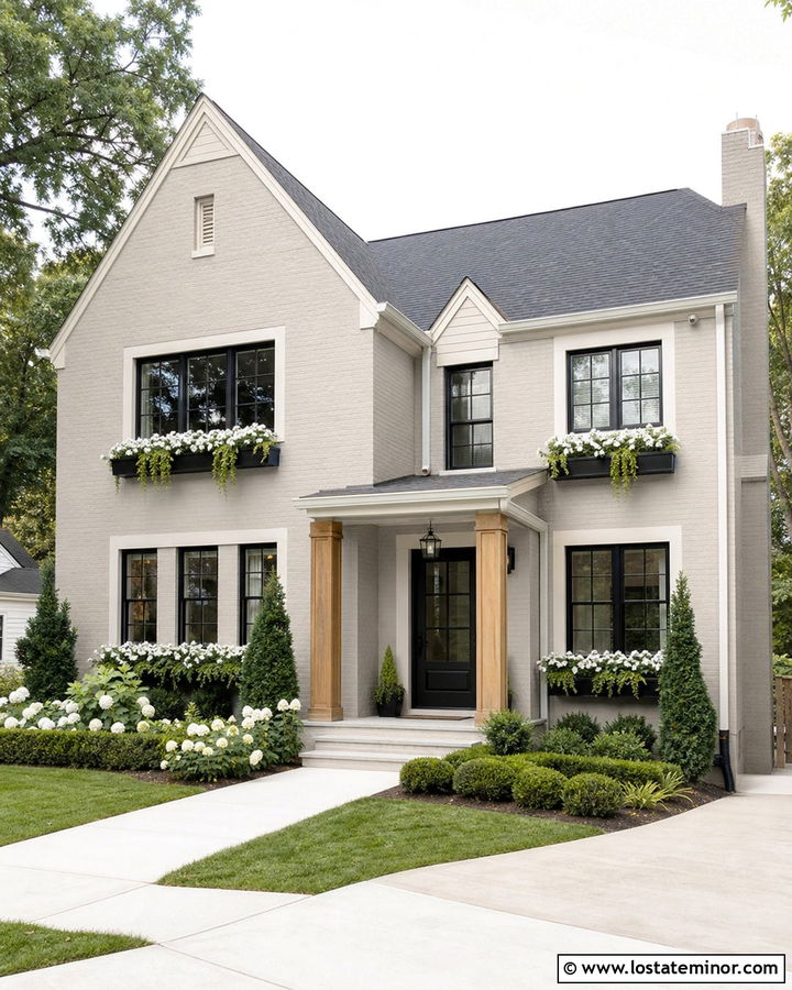 Light Grey Brick House With Black Metal Window Boxes - 30 Light Grey House Design With Window Boxes Ideas