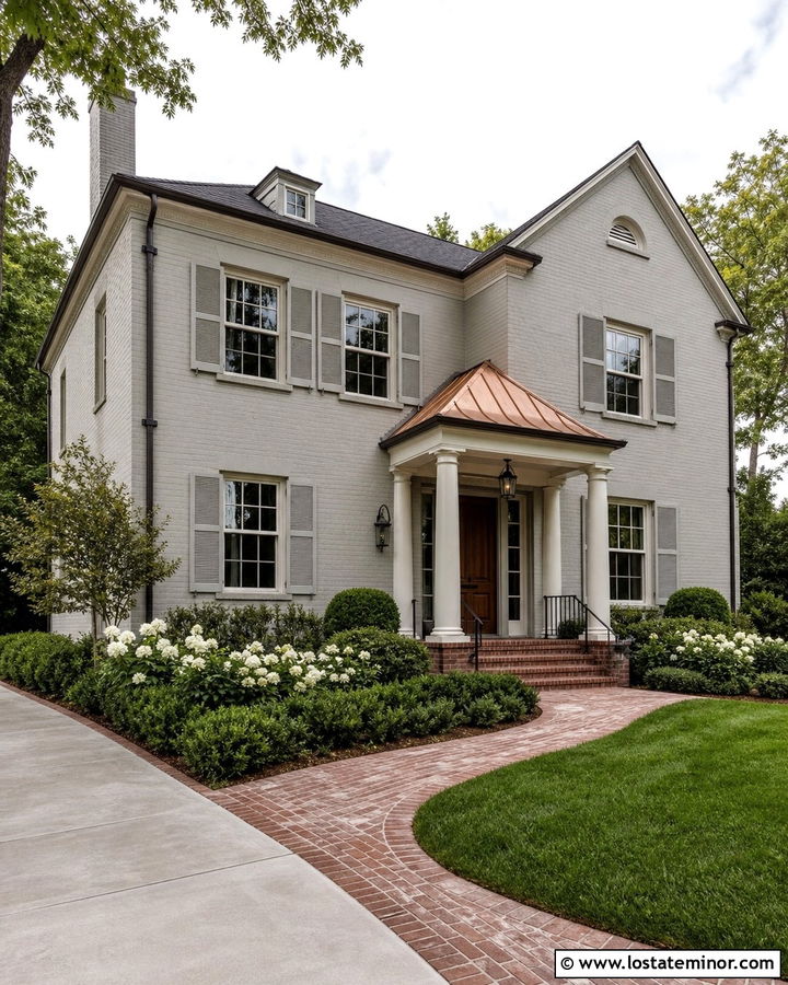 Light Grey Brick House With Copper Portico - 30 Light Grey House Design With Portico Ideas