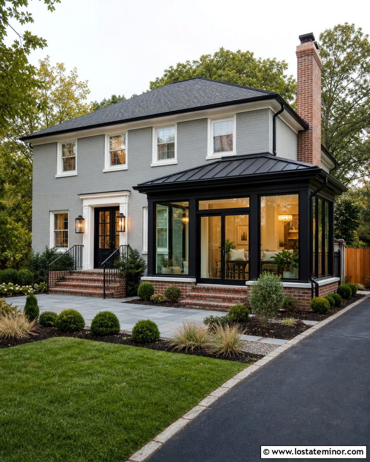 Light Grey Brick House With Glass Sunroom - 30 Light Grey House Design With Sunroom Ideas