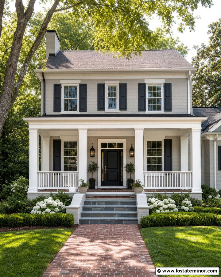 Light Grey Brick House With White Railings - 30 Light Grey House Design With Railings Ideas