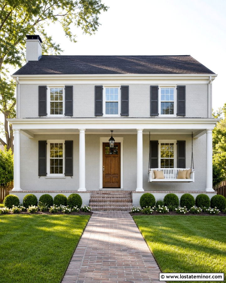 Light Grey Brick House With White Swing - 30 Light Grey House Design With Swing Ideas