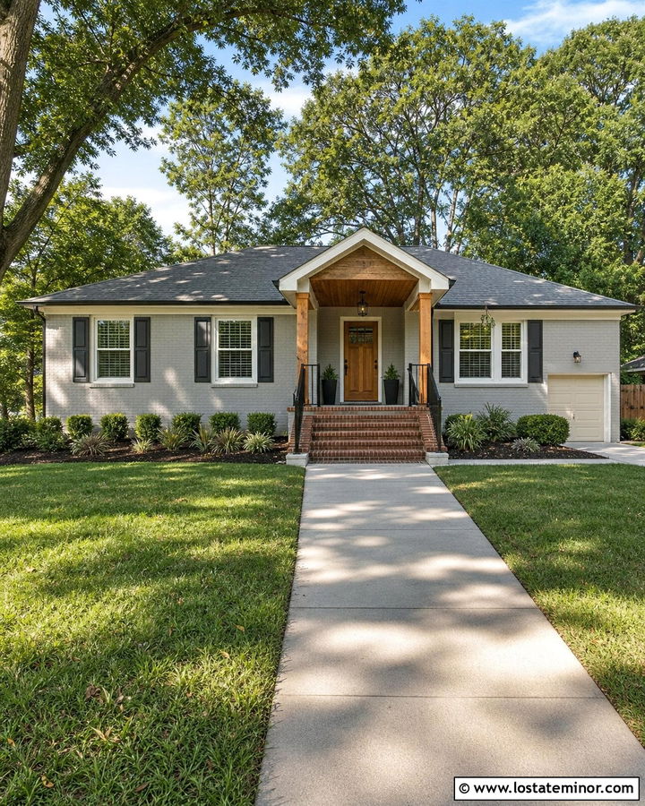 Light Grey Brick House With Wood Porch Ceiling - 30 Light Grey House Design With Porch Ceiling Ideas