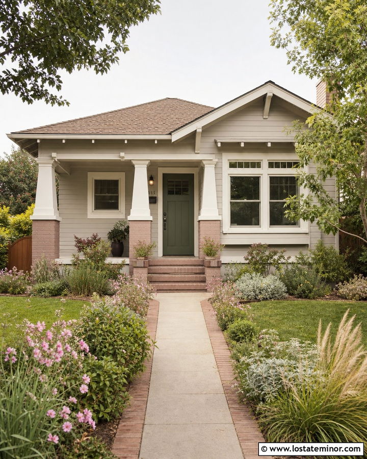 Light Grey Bungalow With Blush Brick And Sage Door - 30 Light Grey House Design With Brick Accents Ideas