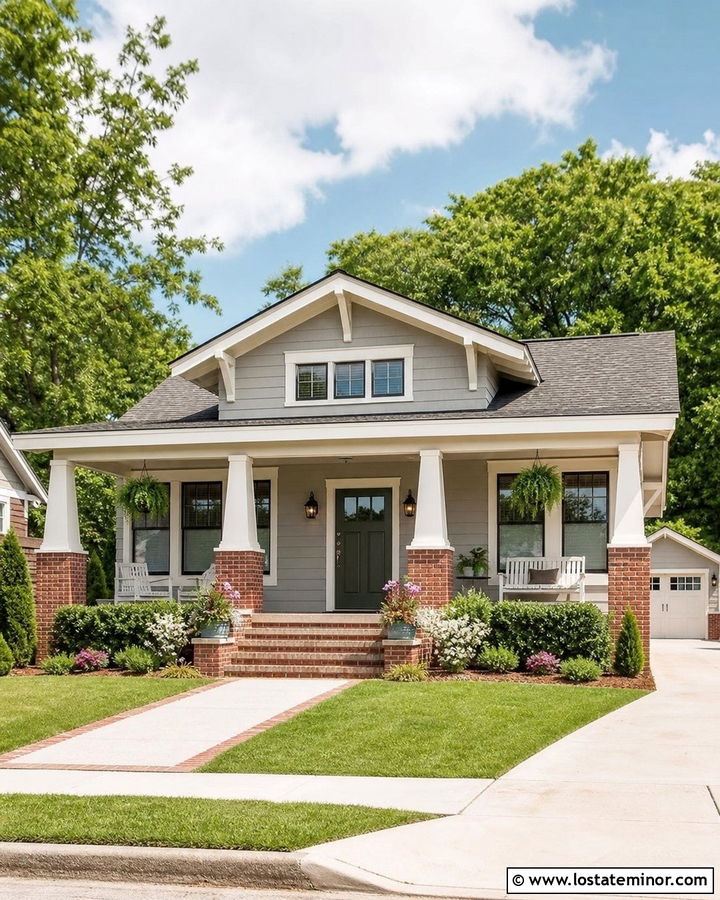 Light Grey Bungalow With Brick Porch Columns - 30 Light Grey House Design With Front Porch Ideas