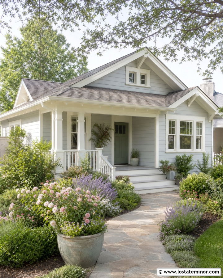 Light Grey Bungalow With Cottage Front Garden - 30 Light Grey House Design With Front Yard Ideas