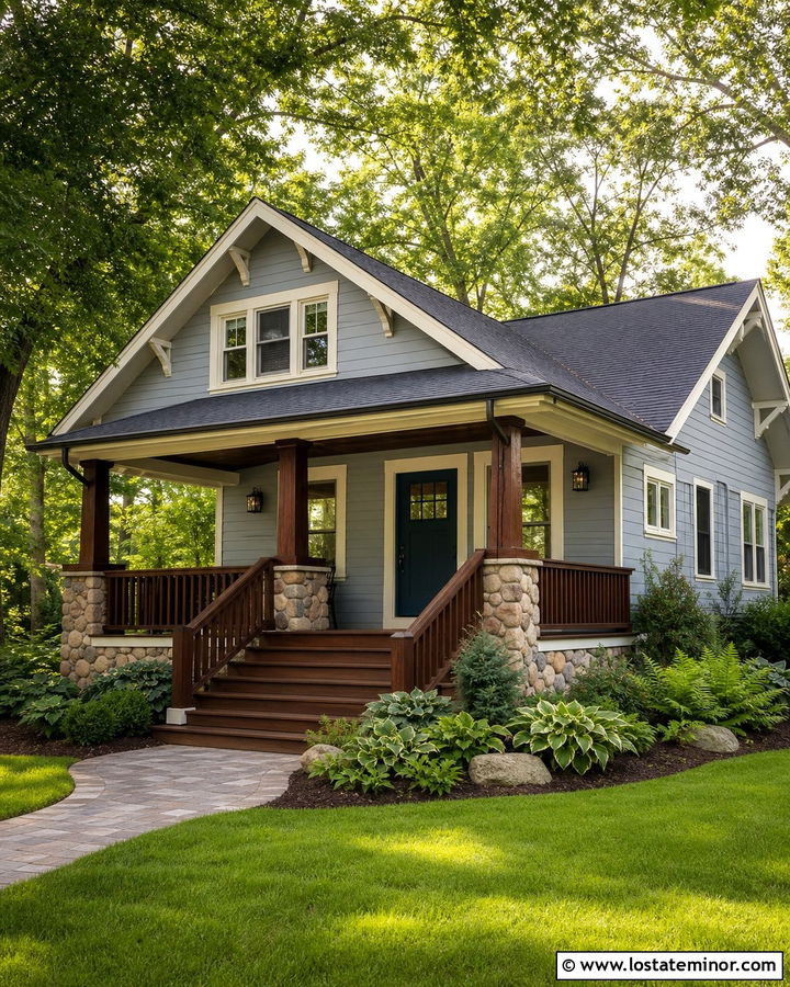 Light Grey Bungalow With Dark Wood Railings - 30 Light Grey House Design With Railings Ideas