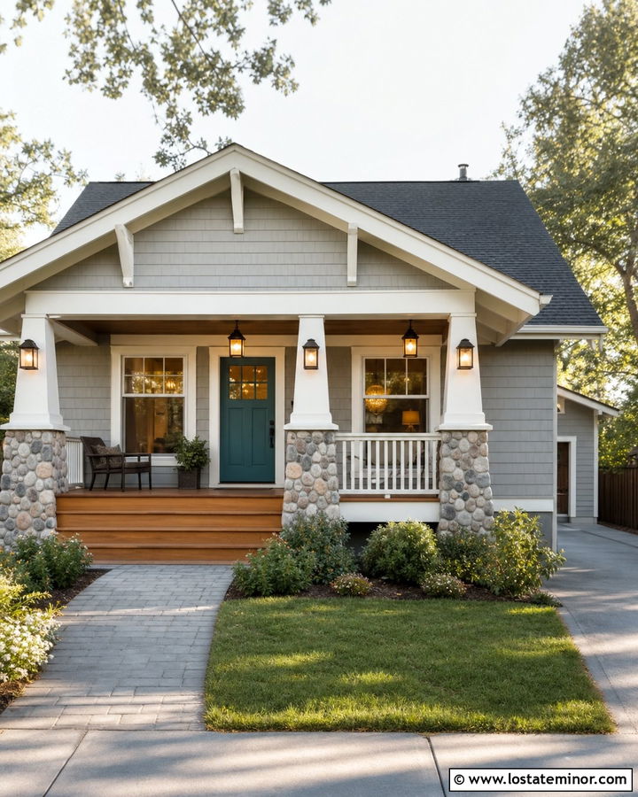 Light Grey Bungalow With Front Gable Porch - 30 Light Grey House Design With Gables Ideas