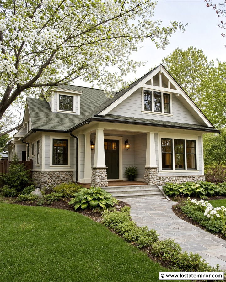 Light Grey Bungalow With Green Roof Shingles - 30 Light Grey House Design With Shingles Ideas