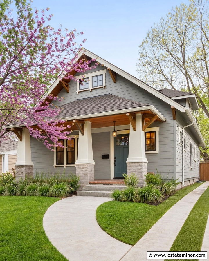 Light Grey Bungalow With Honey Pine Porch Ceiling - 30 Light Grey House Design With Porch Ceiling Ideas